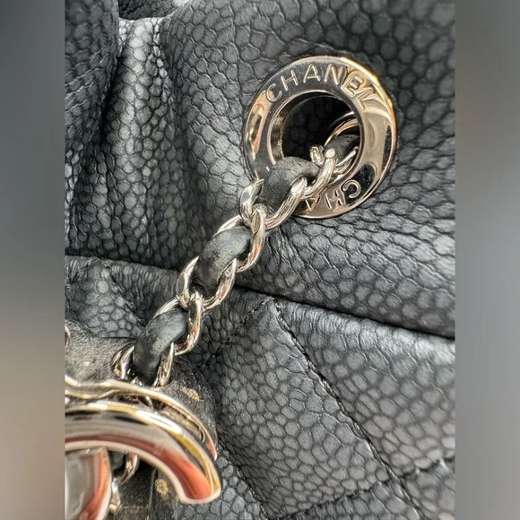 Caviar Flat Quilted CC Chain Bucket Drawstring Bag Black - Picture 8 of 14